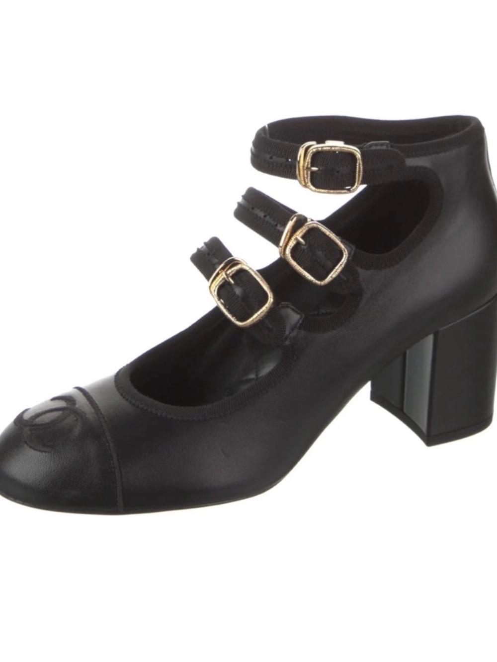 CHANEL Black Triple-Strap Block Heel Mary Jane with Gold Buckles
